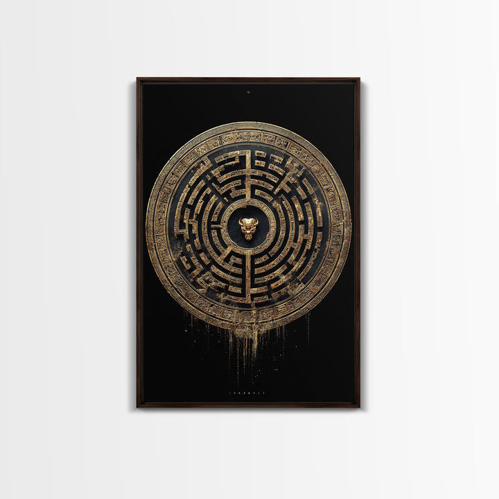 Greek Labyrinth Artwork, Mythical Minotaur Maze Symbol Wall Art, Canvas Gold Canvas Print, Real Wood Frame, Esoteric Decor