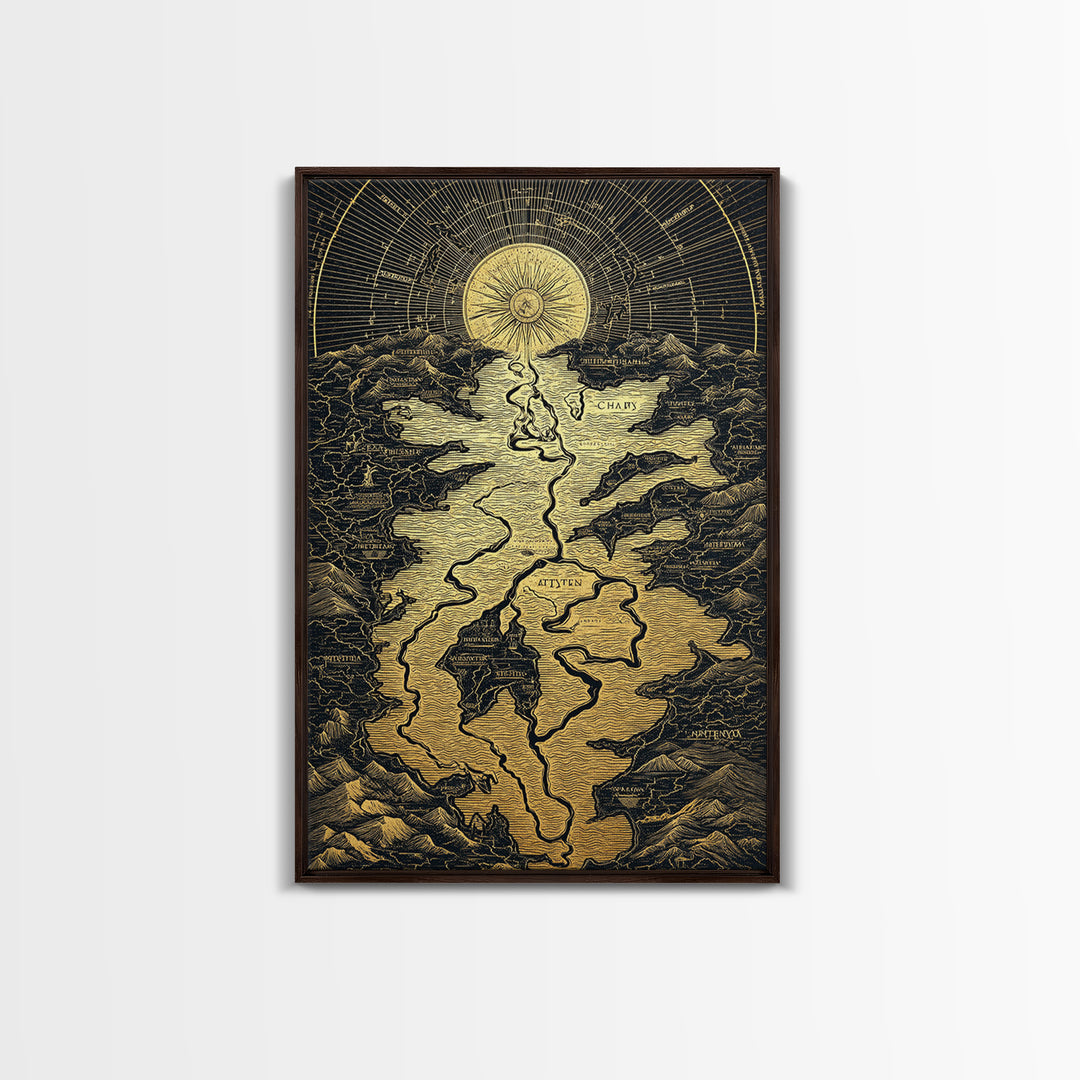 Celestial Map Artwork, Mythical Golden Sun And River Wall Art, Canvas Gold Canvas Print, Real Wood Frame, Ancient Inspired Decor