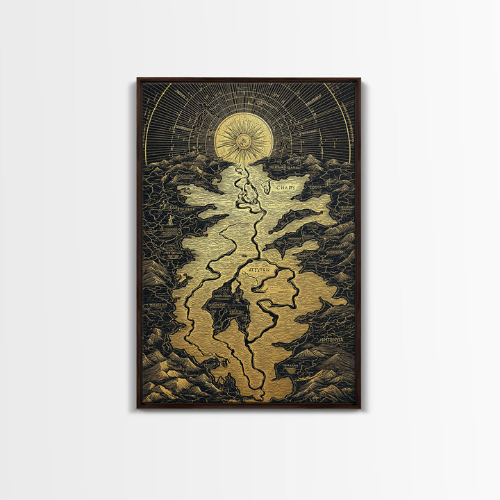Celestial Map Artwork, Mythical Golden Sun And River Wall Art, Canvas Gold Canvas Print, Real Wood Frame, Ancient Inspired Decor