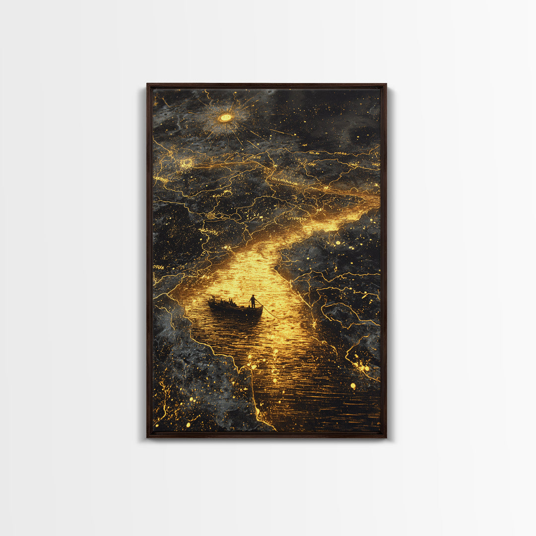 Mythical Boat Journey Artwork, Celestial Golden Map Wall Art, Canvas Gold Canvas Print, Real Wood Frame, Mystical Decor