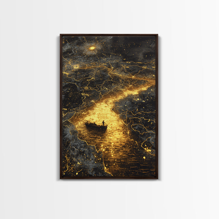 Mythical Boat Journey Artwork, Celestial Golden Map Wall Art, Canvas Gold Canvas Print, Real Wood Frame, Mystical Decor