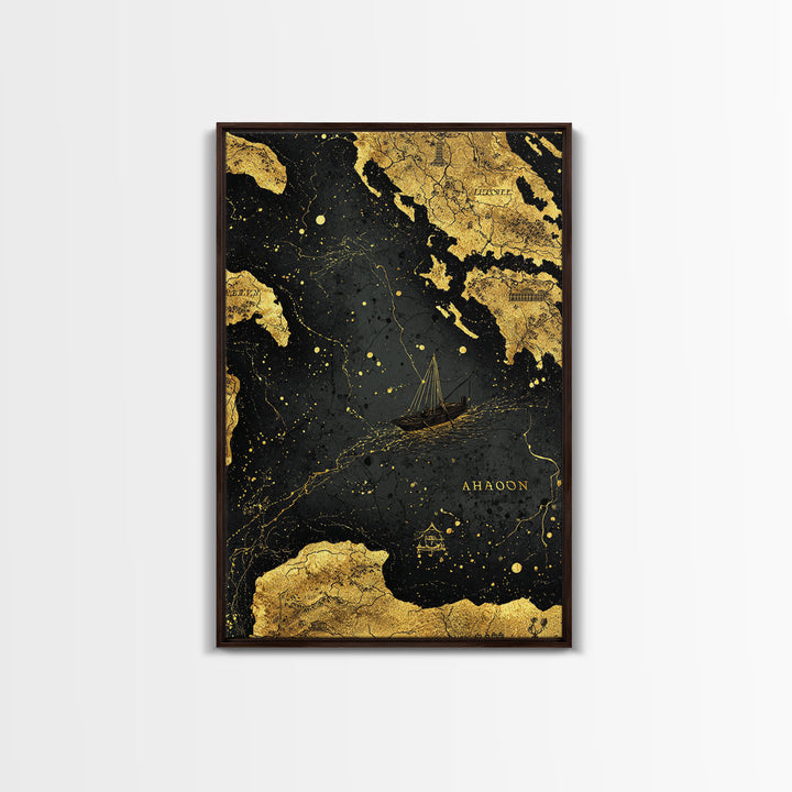 Golden Voyage Map Artwork, Ancient Nautical Journey Wall Art, Canvas Gold Canvas Print, Real Wood Frame, Mythical Decor
