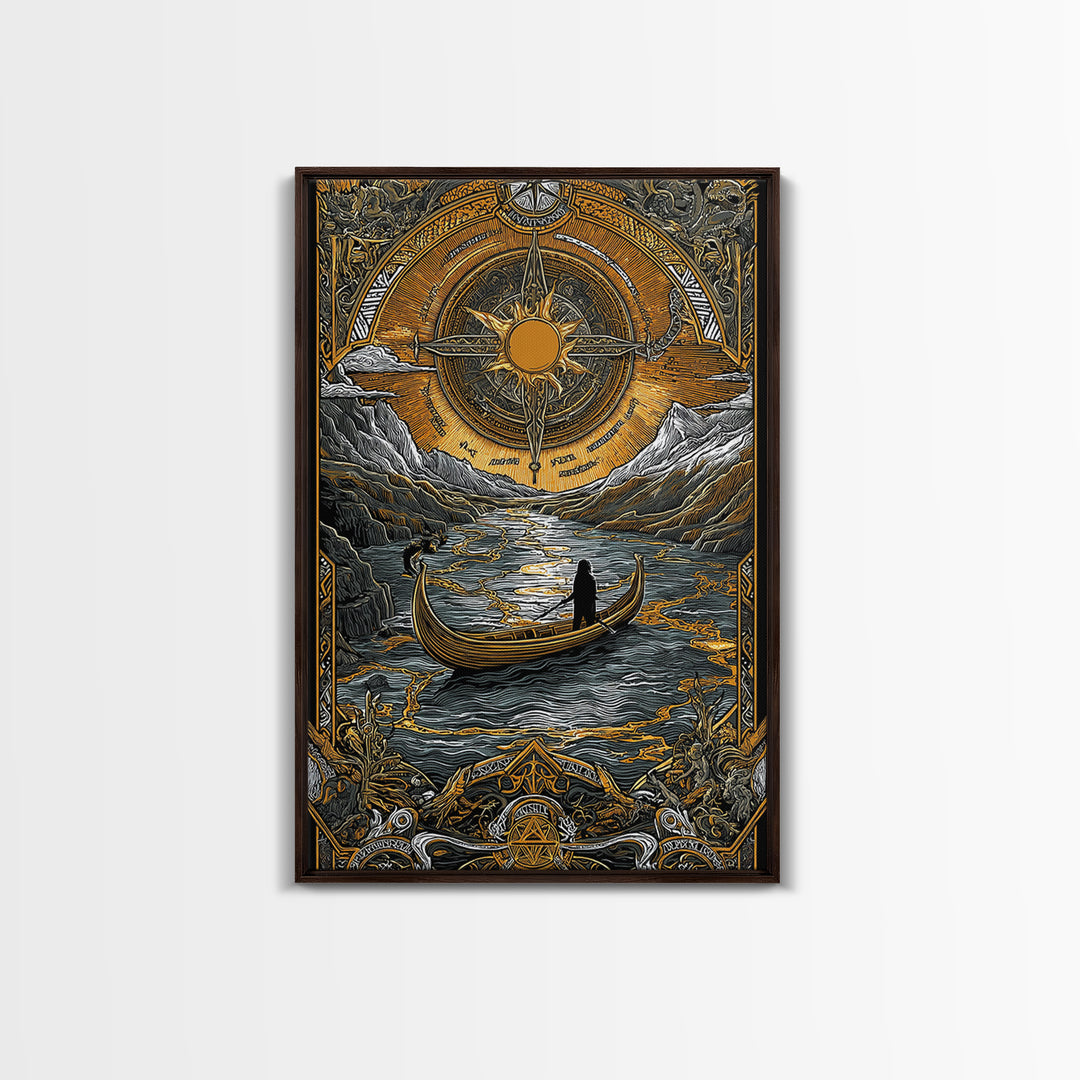 Mystical Compass Artwork, Celestial Sun And Boat Journey Wall Art, Canvas Gold Canvas Print, Real Wood Frame, Mythology Decor