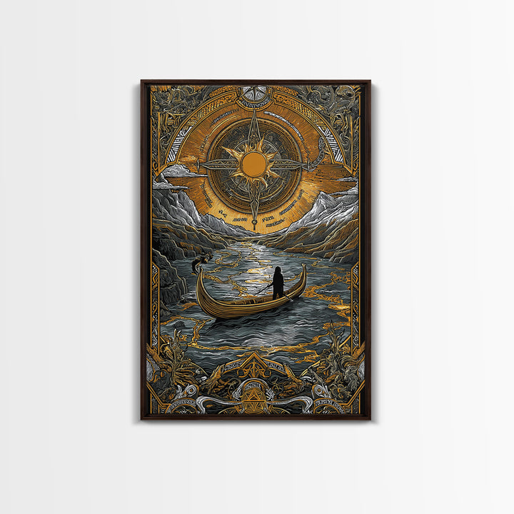 Mystical Compass Artwork, Celestial Sun And Boat Journey Wall Art, Canvas Gold Canvas Print, Real Wood Frame, Mythology Decor