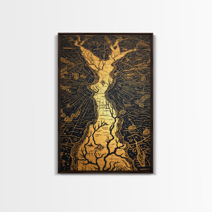 Ancient River Map Artwork, Mythical Golden Waterways Wall Art, Canvas Gold Canvas Print, Real Wood Frame, Esoteric Decor