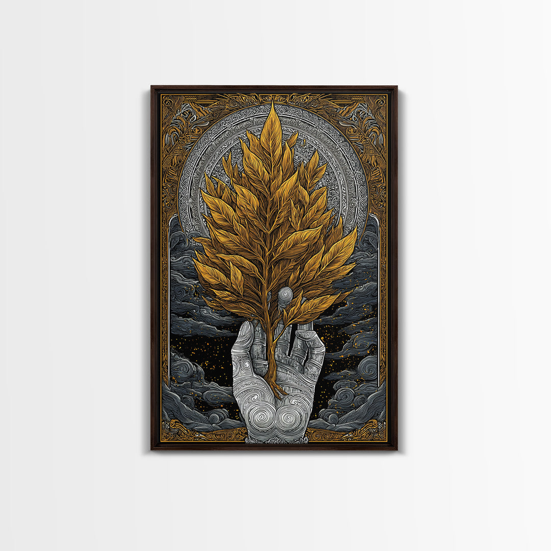 Hand With Golden Leaves Artwork, Mythical Nature Symbol Wall Art, Canvas Gold Canvas Print, Real Wood Frame, Sacred Decor