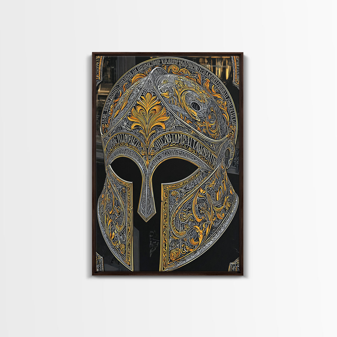 Baroque Spartan Helmet with Heraldic Crest – Canvas Gold Art, Real Wood Framed Canvas Art, Luxury Greco-Roman Wall Sculpture