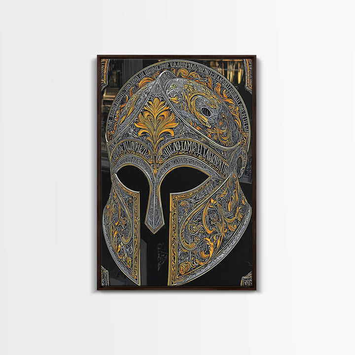 Baroque Spartan Helmet with Heraldic Crest – Canvas Gold Art, Real Wood Framed Canvas Art, Luxury Greco-Roman Wall Sculpture