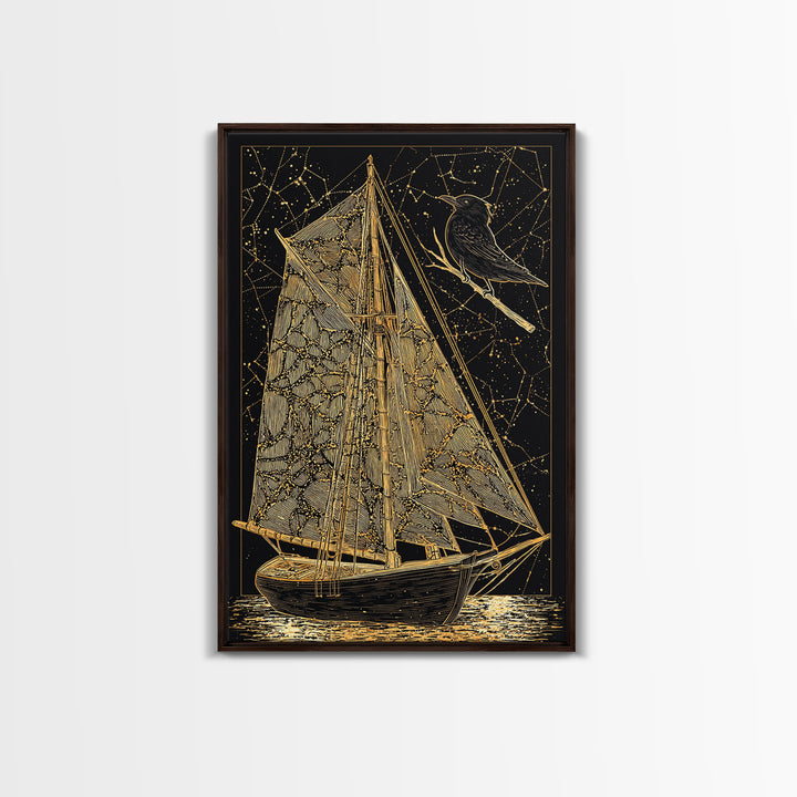 Golden Sailboat Artwork, Mythical Nautical Journey Wall Art, Canvas Gold Canvas Print, Real Wood Frame, Celestial Decor