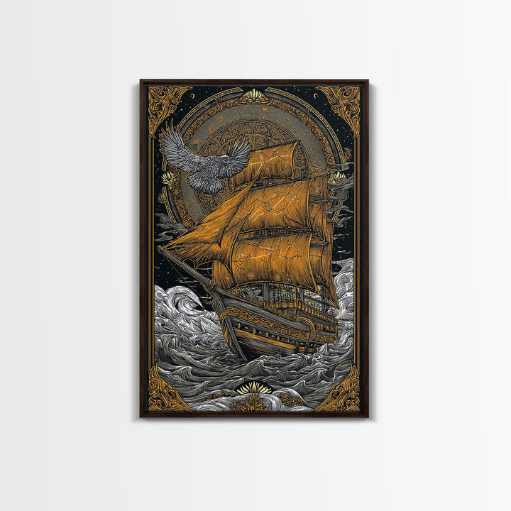 Mythical Sailing Ship Artwork, Celestial Constellation Sea Voyage Wall Art, Canvas Gold Canvas Print, Real Wood Frame Decor