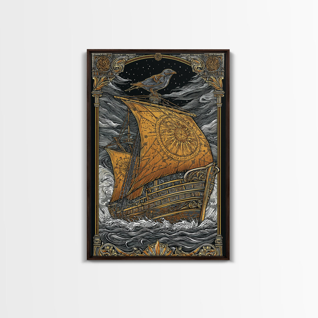 Ancient Ship Artwork, Nautical Journey With Bird Symbol Wall Art, Mythical Celestial Voyage, Canvas Gold Canvas Print, Real Wood Frame