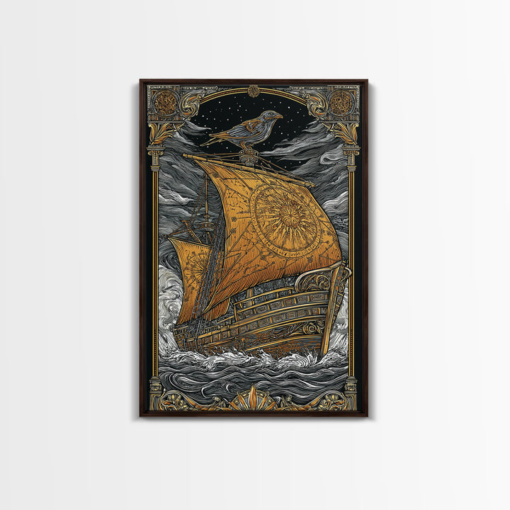 Ancient Ship Artwork, Nautical Journey With Bird Symbol Wall Art, Mythical Celestial Voyage, Canvas Gold Canvas Print, Real Wood Frame