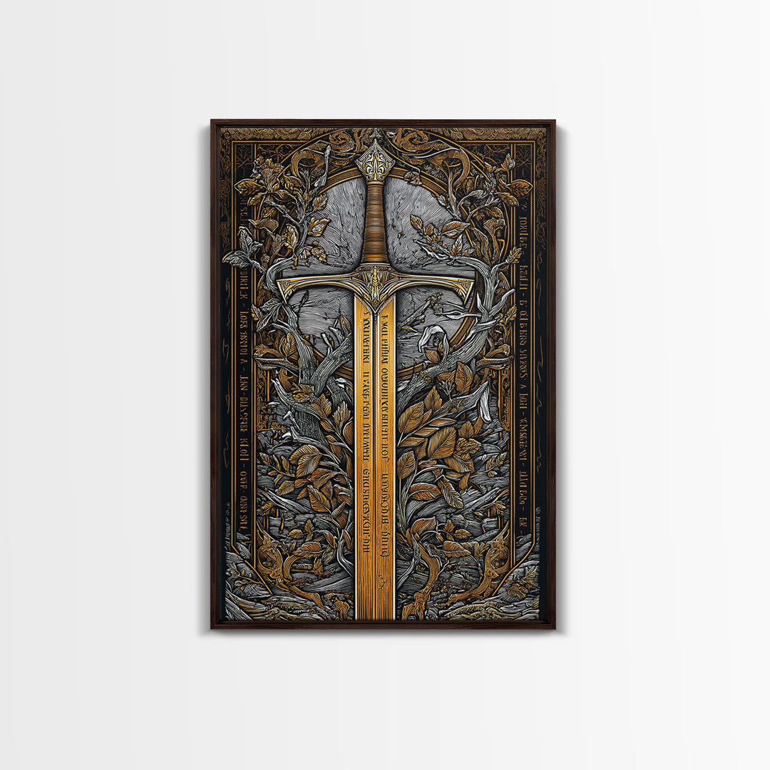 Sword Of Nature Artwork, Mythical Blade Surrounded By Leaves Wall Art, Ancient Weapon Design, Canvas Gold Canvas Print, Real Wood Frame