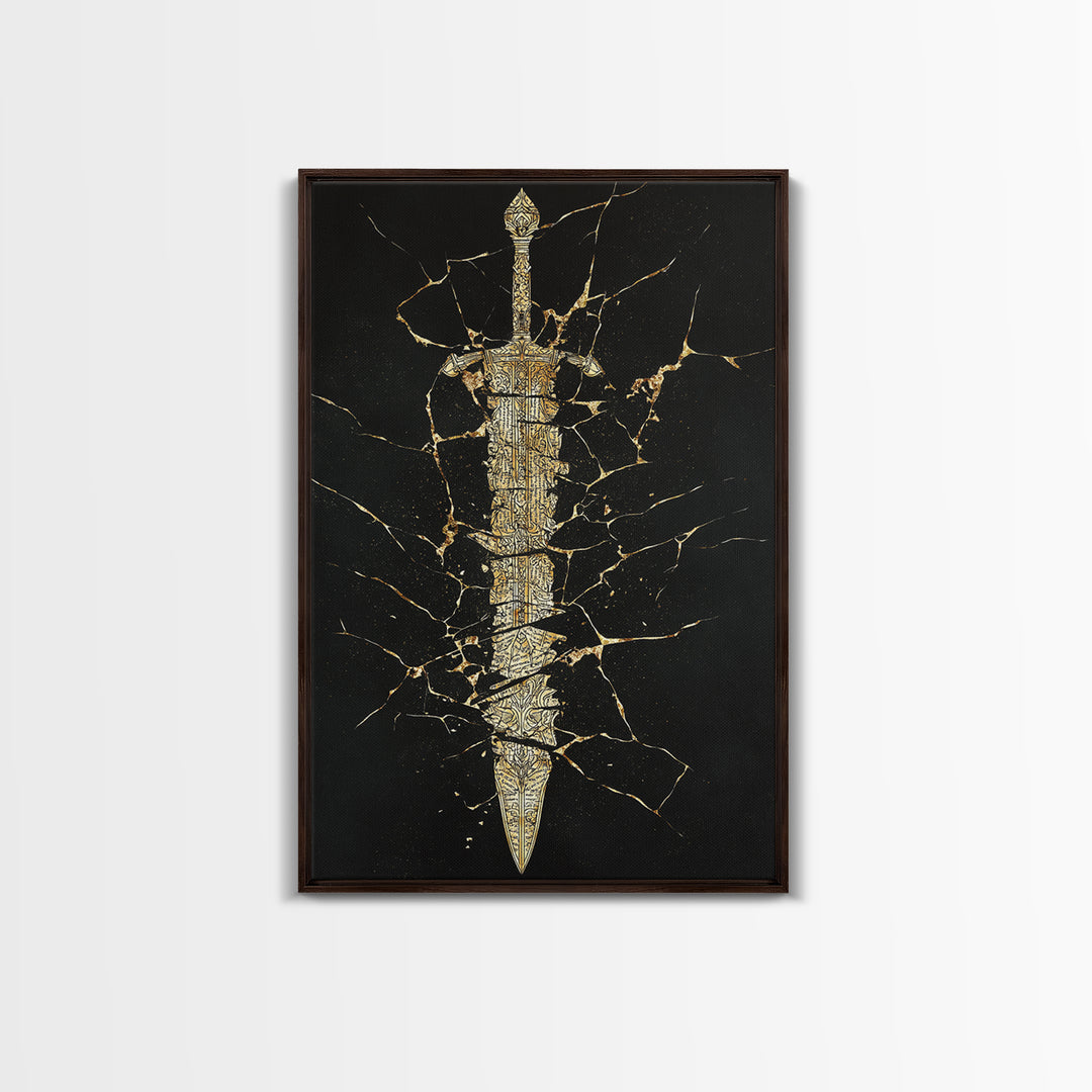 Broken Sword Artwork, Cracked Ancient Blade Symbol Wall Art, Mythical Weapon Decor, Esoteric Design, Canvas Gold Canvas Print, Real Wood Frame