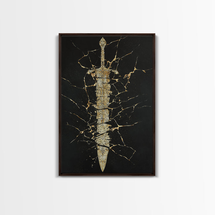 Broken Sword Artwork, Cracked Ancient Blade Symbol Wall Art, Mythical Weapon Decor, Esoteric Design, Canvas Gold Canvas Print, Real Wood Frame