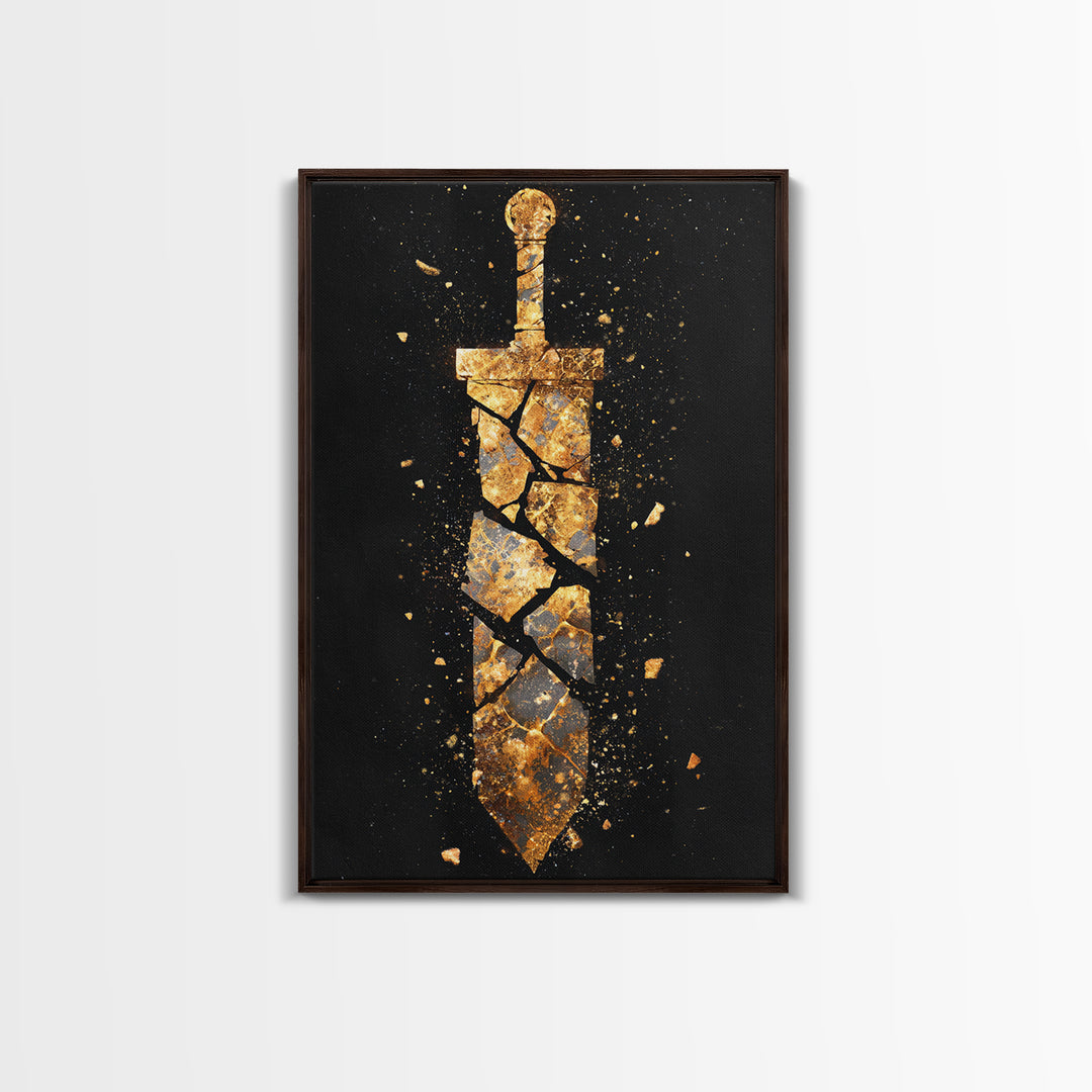 Shattered Sword Artwork, Exploding Blade Symbol Wall Art, Mythical Weapon Design, Ancient Esoteric Decor, Canvas Gold Canvas Print, Real Wood Frame