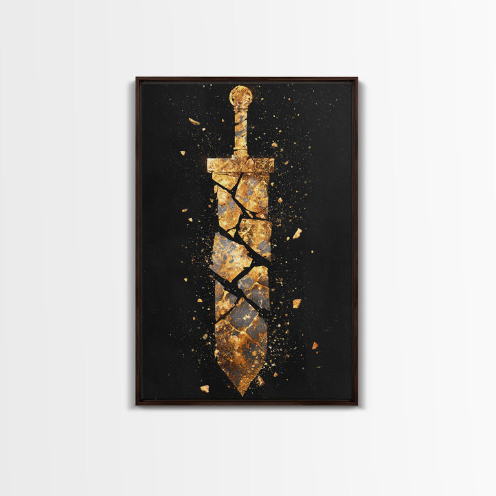 Shattered Sword Artwork, Exploding Blade Symbol Wall Art, Mythical Weapon Design, Ancient Esoteric Decor, Canvas Gold Canvas Print, Real Wood Frame