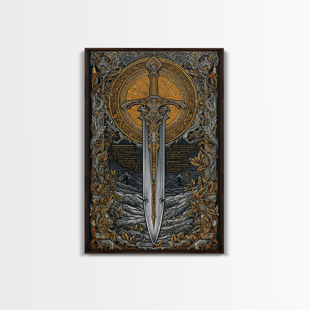 Mythical Sword Artwork, Celestial Blade And Sun Symbol Wall Art, Ornate Weapon Design, Ancient Inspired Decor, Canvas Gold Canvas Print, Real Wood Frame