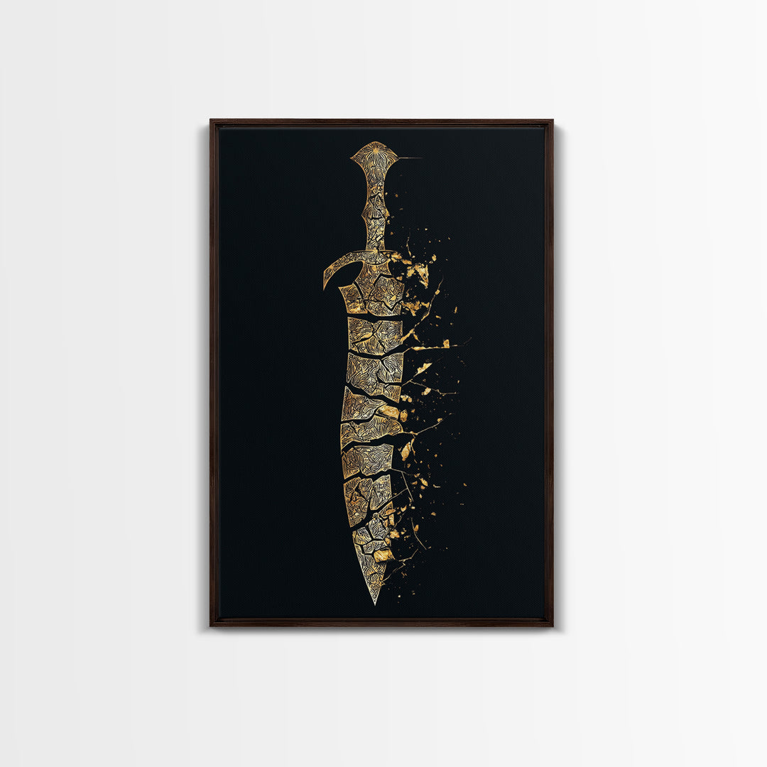 Ancient Broken Sword Artwork, Esoteric Cracked Blade Symbol Wall Art, Mythical Weapon Decor, Canvas Gold Canvas Print, Real Wood Frame