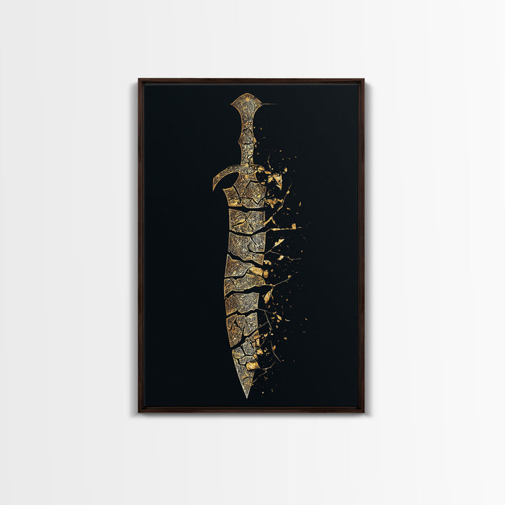 Ancient Broken Sword Artwork, Esoteric Cracked Blade Symbol Wall Art, Mythical Weapon Decor, Canvas Gold Canvas Print, Real Wood Frame