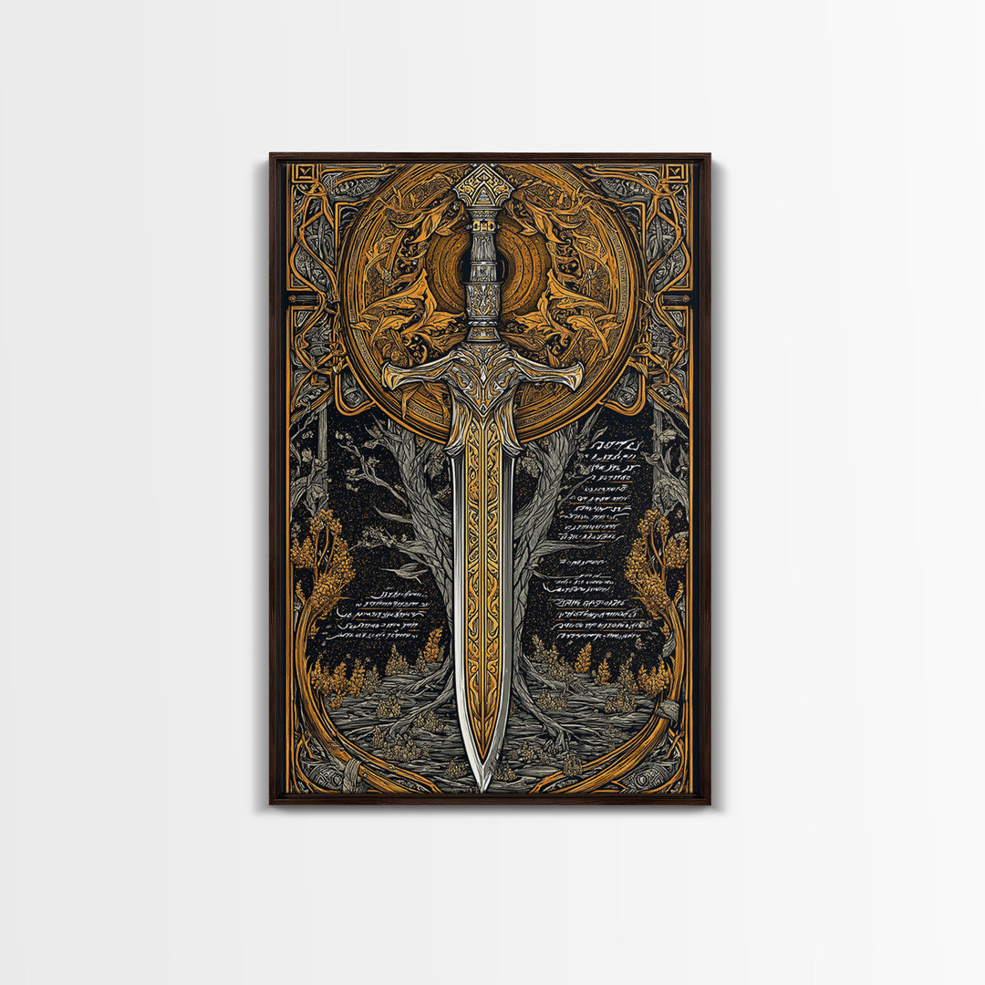 Celestial Sword Artwork, Mythical Blade Surrounded By Ornate Sun Symbol, Ancient Weapon Design, Canvas Gold Canvas Print, Real Wood Frame
