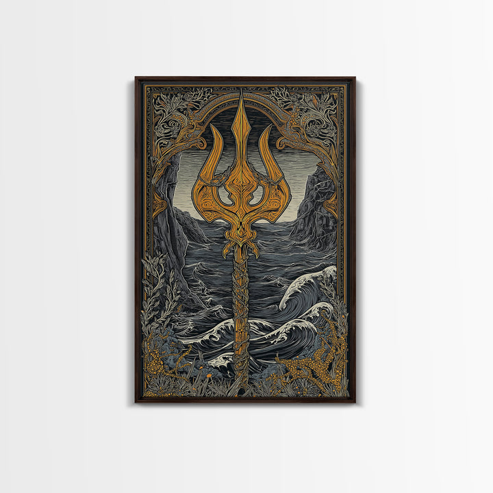 Mythical Trident Artwork, Ocean Waves And Ancient Sea God Symbol Wall Art, Nautical Decor, Canvas Gold Canvas Print, Real Wood Frame