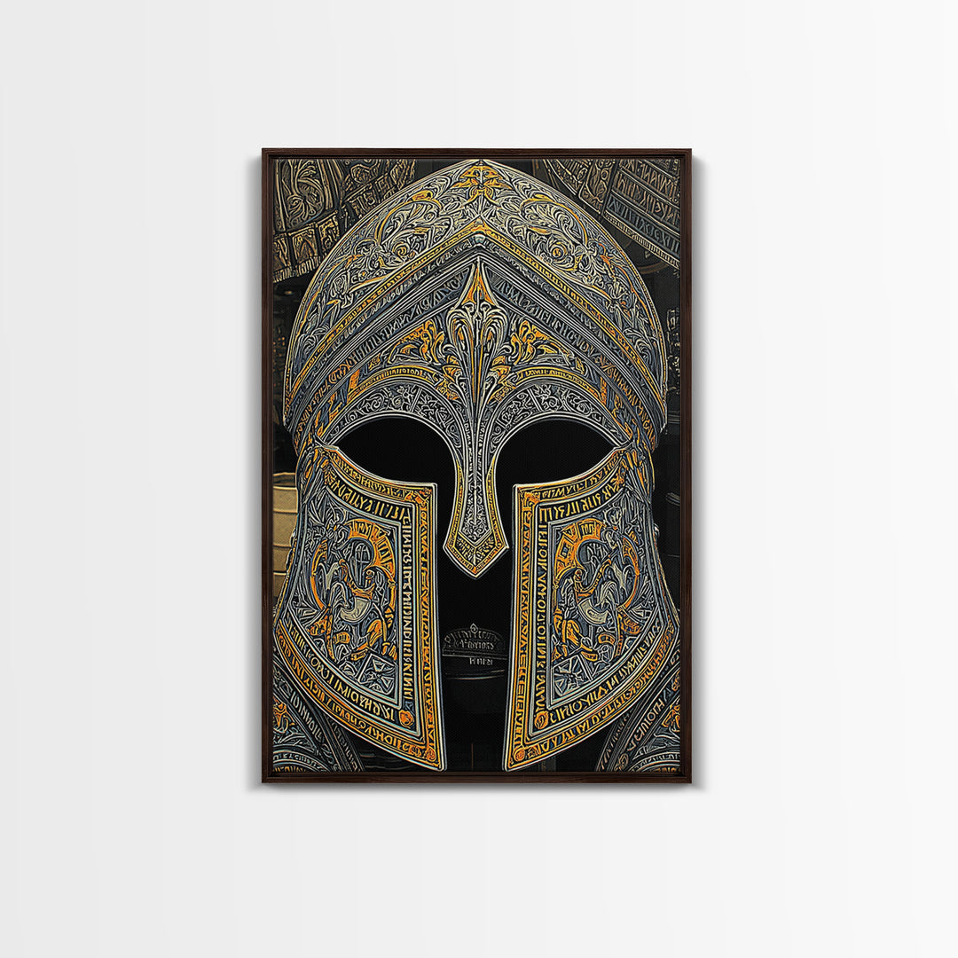 Floral Engraved Ancient Warrior Helmet Design – Canvas Gold Art, Classic Canvas Art in Real Wood Frame, Greek History Wall Decor