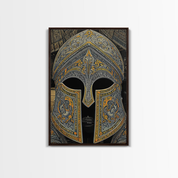 Floral Engraved Ancient Warrior Helmet Design – Canvas Gold Art, Classic Canvas Art in Real Wood Frame, Greek History Wall Decor