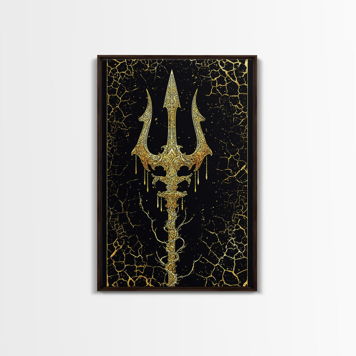 Ornate Trident Artwork, Mystical Sea God Weapon Symbol Wall Art, Ancient Nautical Decor, Mythical Design, Canvas Gold Canvas Print, Real Wood Frame