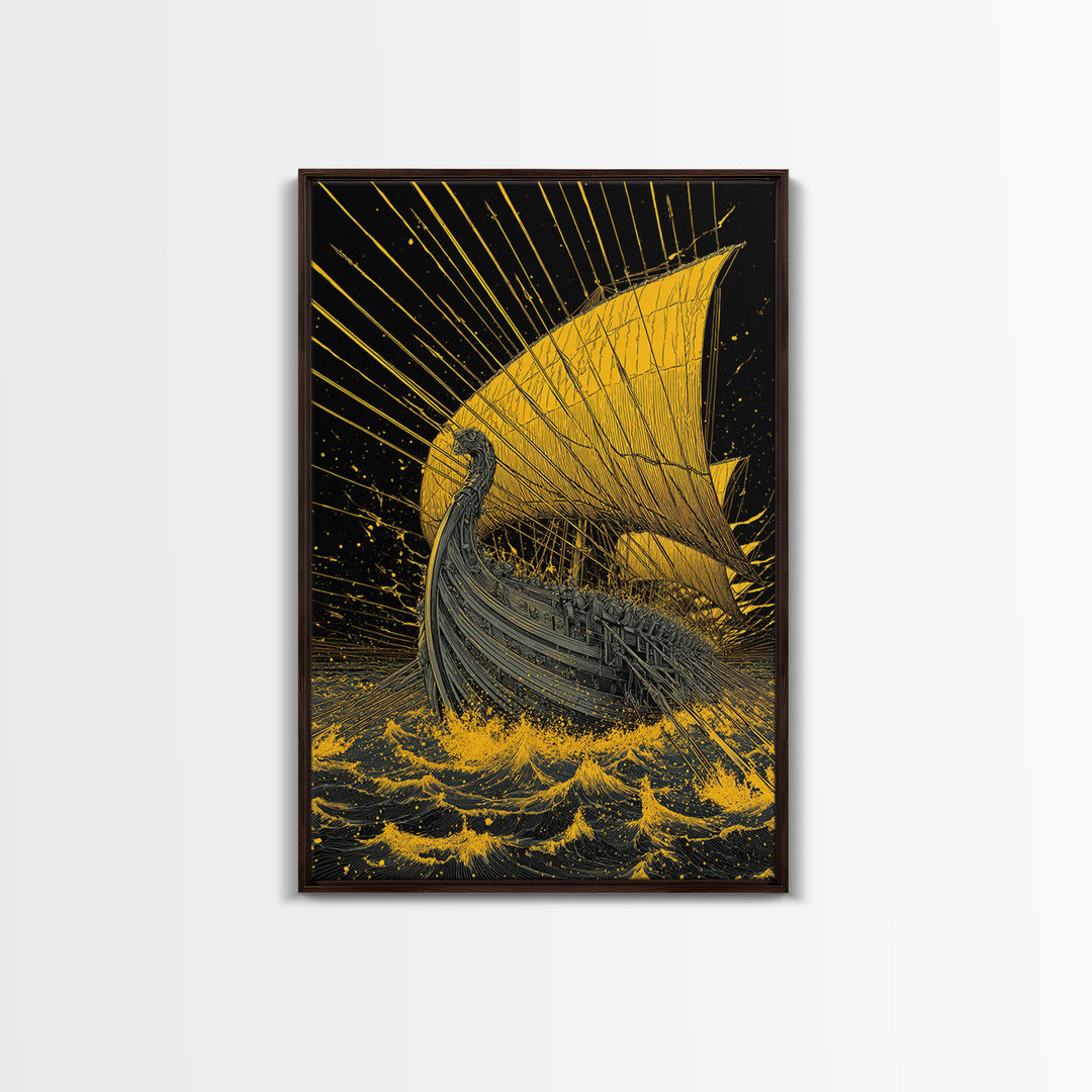 Canvas Gold Canvas Print, Ancient Greek Ship Wall Art, Mythology Ocean Decor, Real Wood Frame, Historic Maritime Artwork