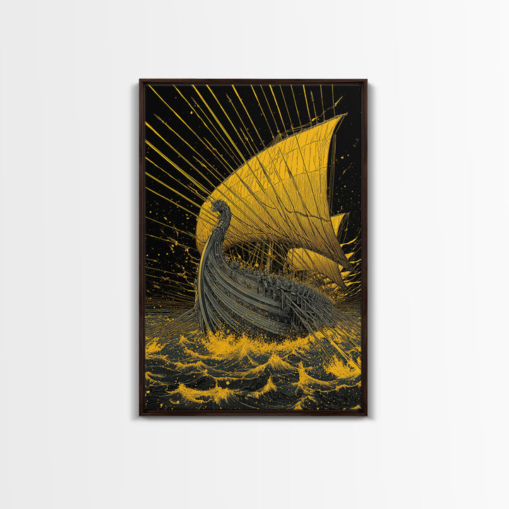 Canvas Gold Canvas Print, Ancient Greek Ship Wall Art, Mythology Ocean Decor, Real Wood Frame, Historic Maritime Artwork