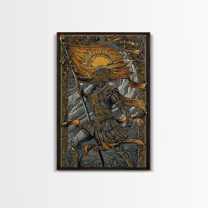 Canvas Gold Art, Greek Warrior Holding Banner, Mythology Wall Decor, Real Wood Frame, Ancient Hero Decorative Artwork