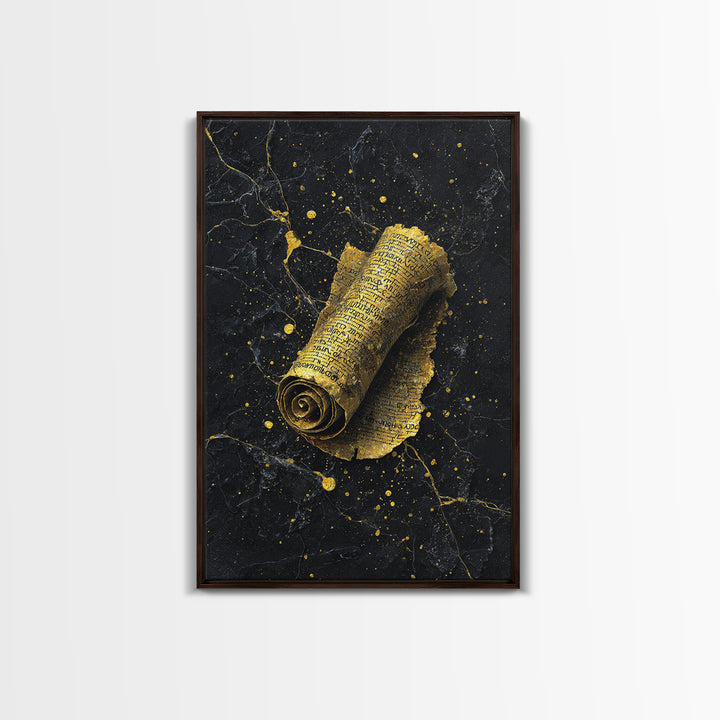 Canvas Gold Canvas Print, Ancient Scroll Wall Art, Mythology Inspired Decor, Real Wood Frame, Historic Manuscript Artwork