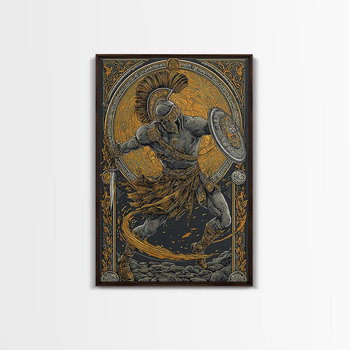 Canvas Gold Art, Spartan Warrior Wall Print, Mythology Inspired Decor, Real Wood Frame, Ancient Greek Hero Artwork