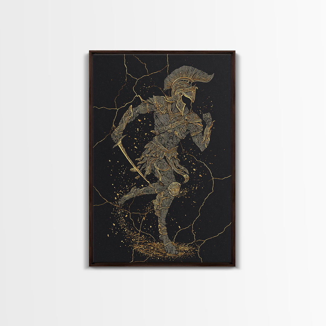 Canvas Gold Canvas Print, Spartan Runner Wall Art, Mythology Warrior Decor, Real Wood Frame, Ancient Greek Hero Artwork