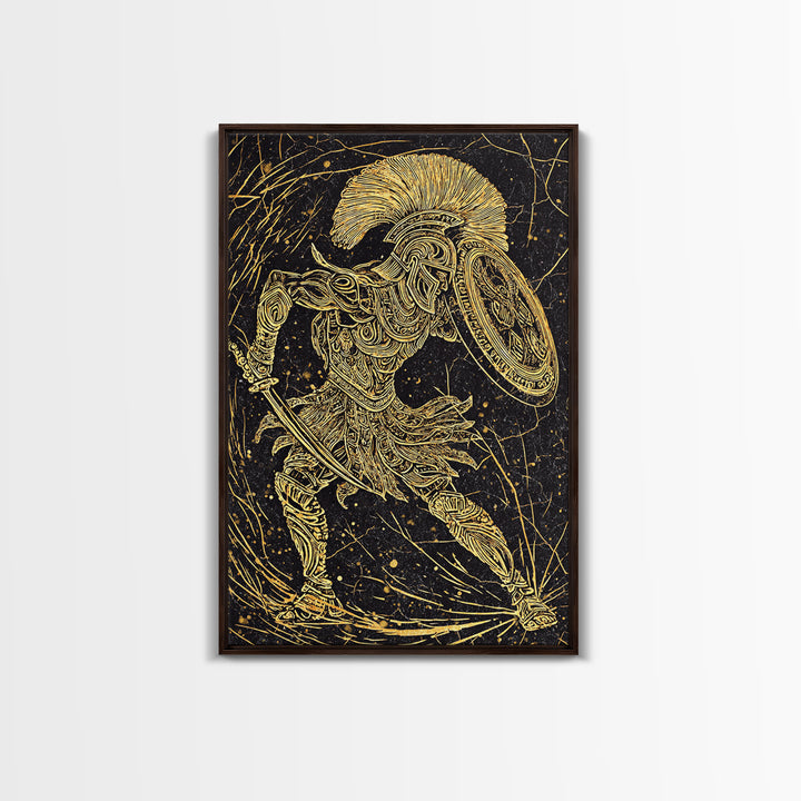Canvas Gold Art, Ancient Greek Warrior With Shield, Mythology Inspired Wall Decor, Real Wood Frame, Heroic Battle Artwork