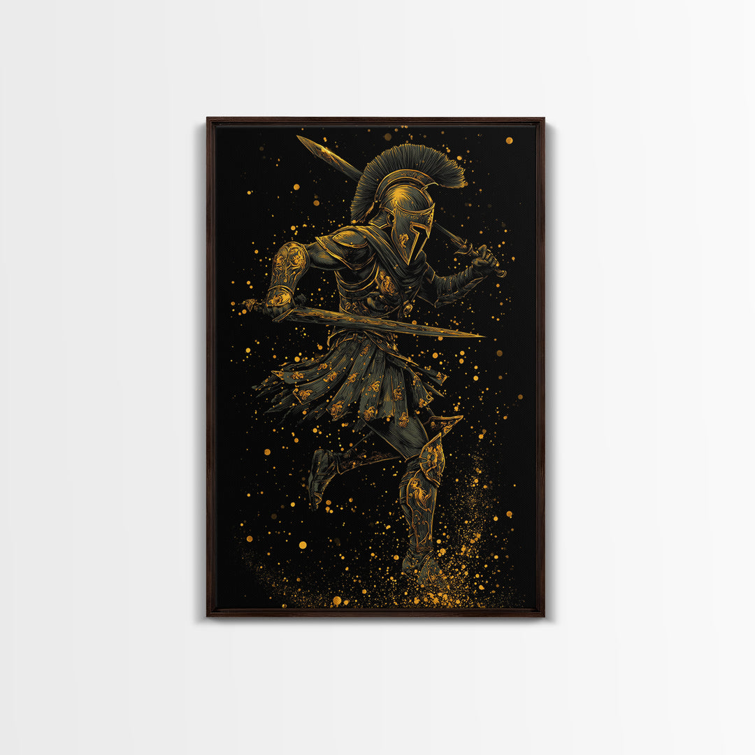 Canvas Gold Canvas Print, Spartan Warrior With Swords, Mythology Hero Decor, Real Wood Frame, Ancient Greek Soldier Artwork