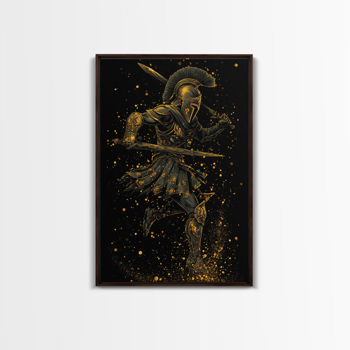 Canvas Gold Canvas Print, Spartan Warrior With Swords, Mythology Hero Decor, Real Wood Frame, Ancient Greek Soldier Artwork