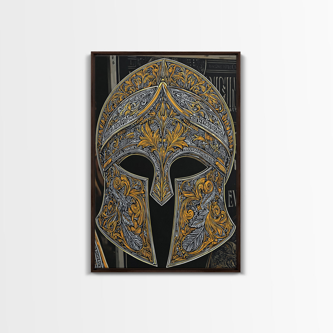 Antique Spartan Helmet with Mythical Inscriptions – Canvas Gold Art, Real Wood Framed Canvas Art, Aged Warrior Helmet Wall Art