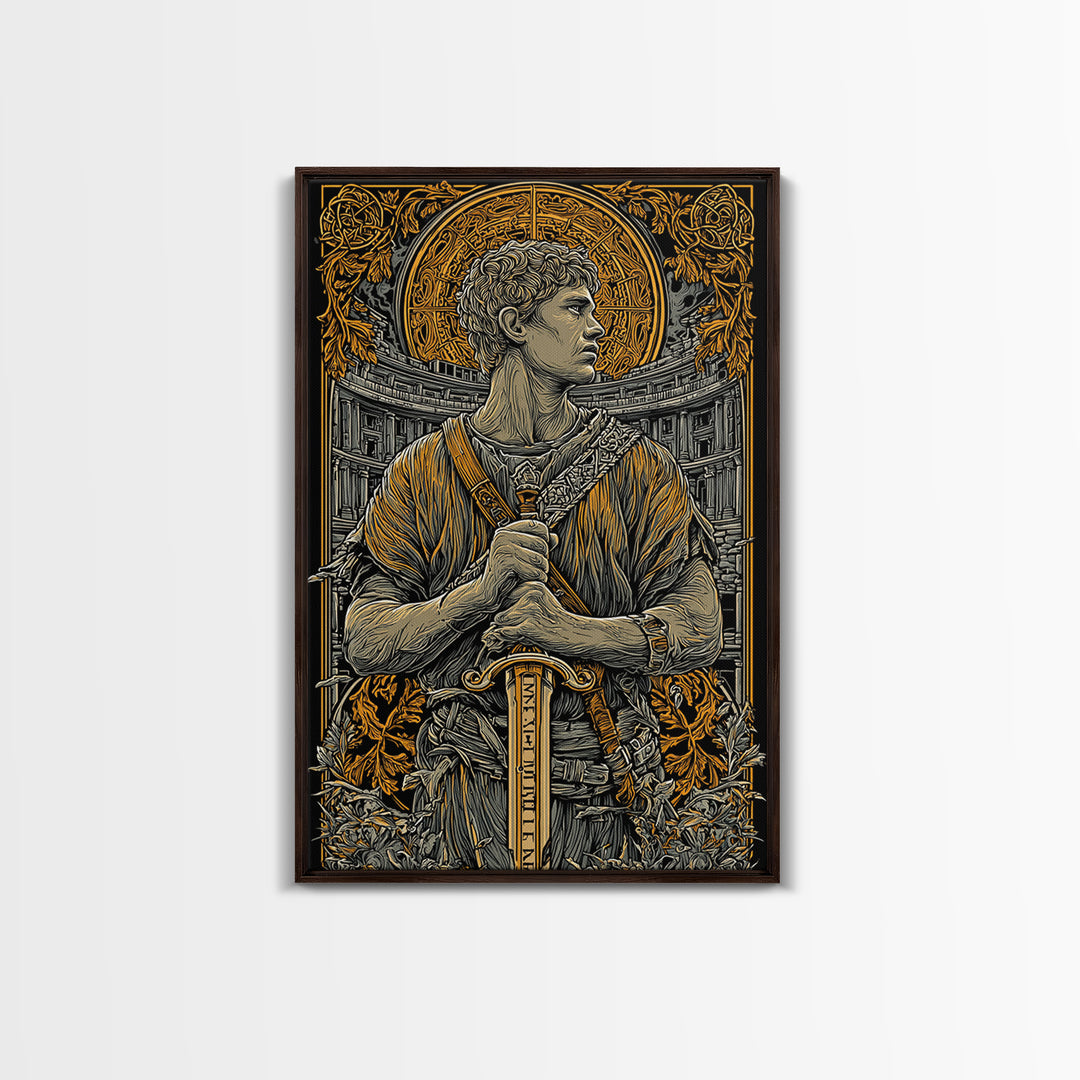 Canvas Gold Art, Roman Warrior Wall Print, Mythology Inspired Decor, Real Wood Frame, Ancient Empire Hero Artwork