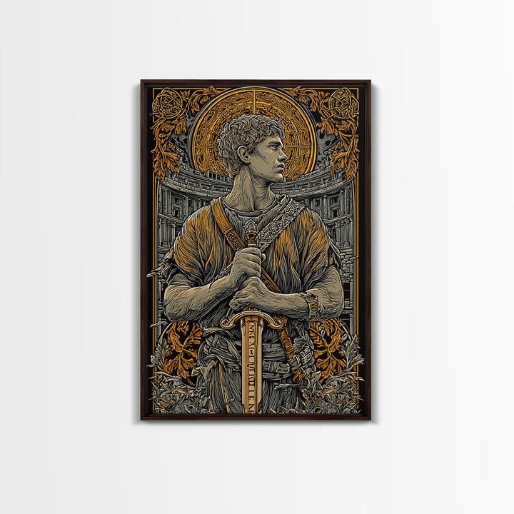 Canvas Gold Art, Roman Warrior Wall Print, Mythology Inspired Decor, Real Wood Frame, Ancient Empire Hero Artwork