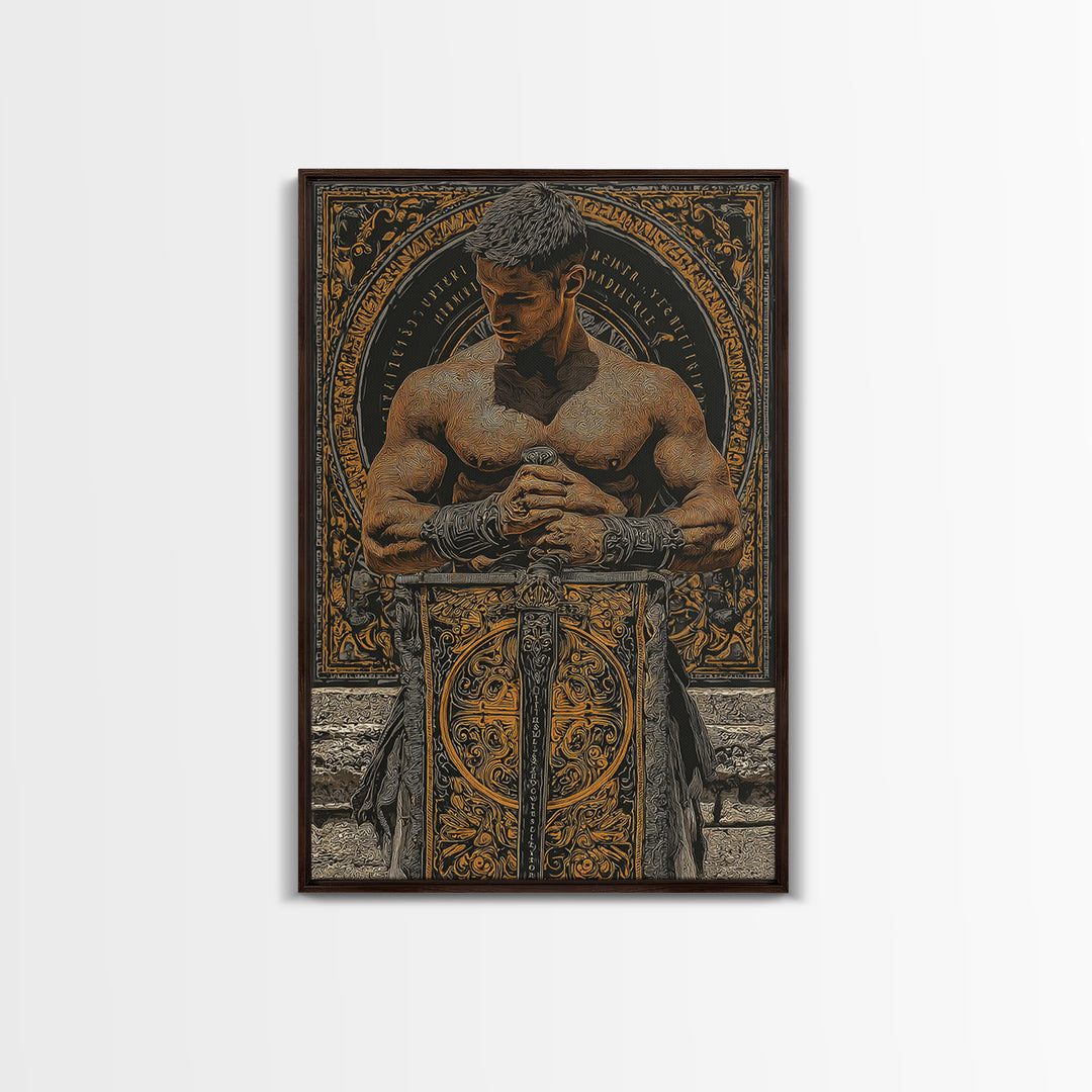 Roman Warrior With Ornate Shield, Canvas Gold Canvas Print, Mythology Wall Art, Gladiator Decor, Real Wood Framed Artwork