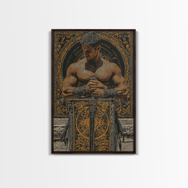 Roman Warrior With Ornate Shield, Canvas Gold Canvas Print, Mythology Wall Art, Gladiator Decor, Real Wood Framed Artwork
