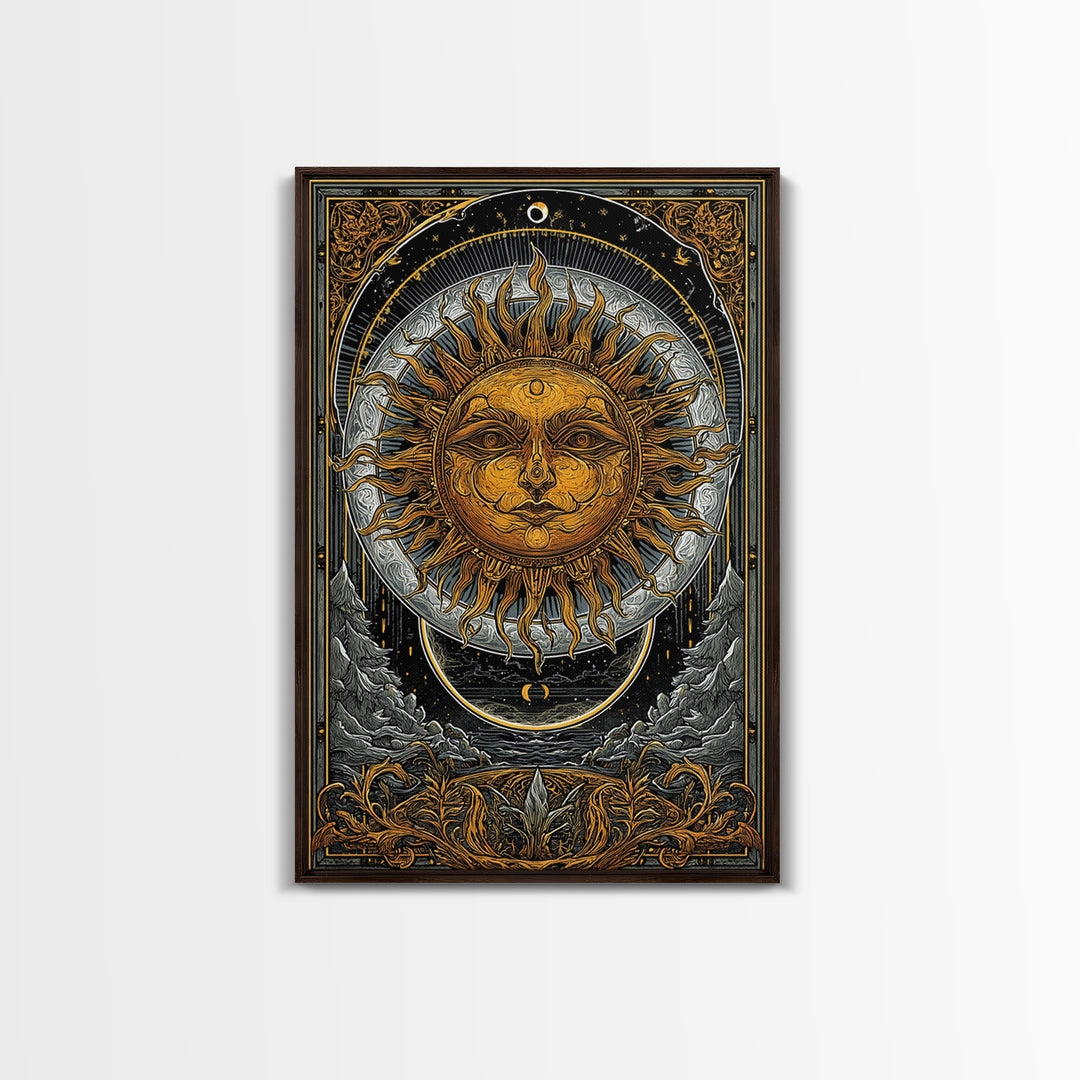 Celestial Sun And Moon Design, Canvas Gold Art, Astrology Wall Print, Mystical Home Decor, Real Wood Frame Mythic Artwork