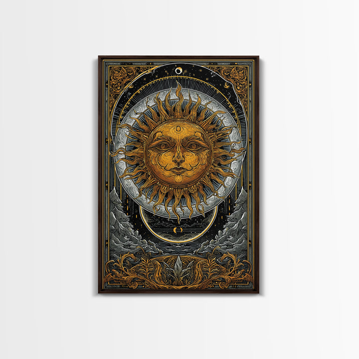 Celestial Sun And Moon Design, Canvas Gold Art, Astrology Wall Print, Mystical Home Decor, Real Wood Frame Mythic Artwork