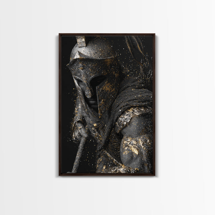 Spartan Warrior Helmet Portrait, Canvas Gold Canvas Print, Greek Soldier Wall Art, Heroic Decor, Real Wood Frame Artwork