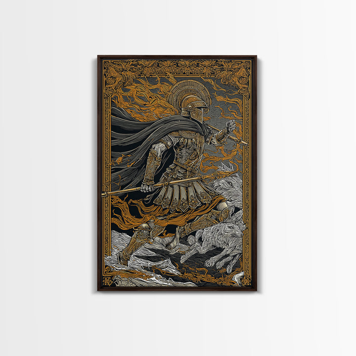 Ancient Warrior With Spear, Canvas Gold Canvas Print, Mythology Wall Art, Battle Scene Decor, Real Wood Frame Epic Artwork