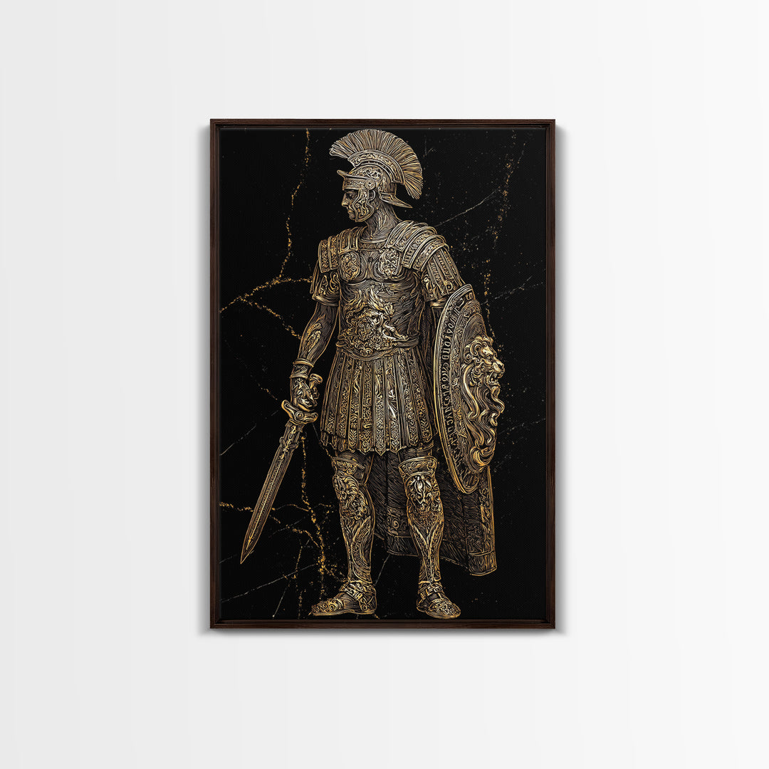 Roman Soldier With Lion Shield, Canvas Gold Canvas Print, Gladiator Wall Art, Mythology Decor, Real Wood Frame Artwork