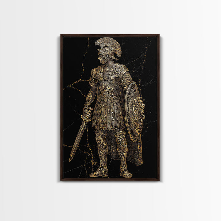 Roman Soldier With Lion Shield, Canvas Gold Canvas Print, Gladiator Wall Art, Mythology Decor, Real Wood Frame Artwork