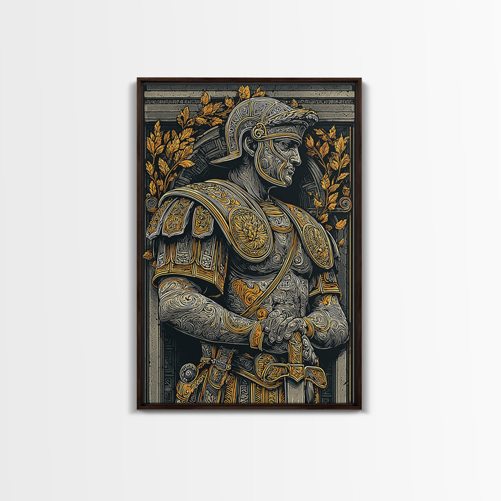Classic Roman Bust In Armor, Canvas Gold Art, Ancient Warrior Wall Print, Mythology Home Decor, Real Wood Frame Artwork